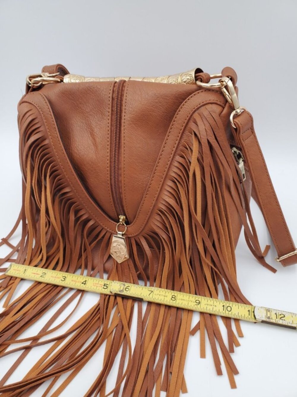 Brown Faux Leather Fringe Gold Bead Handle w/strap Boho Funky! - Picture 4 of 6